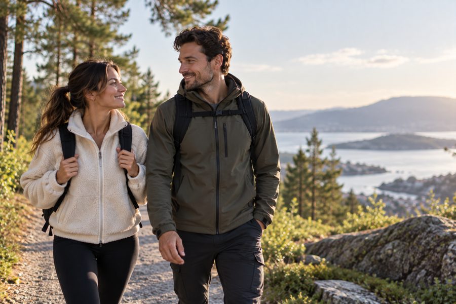 Par som går tur i naturen med utsikt over sjøen, rolige og avslappet